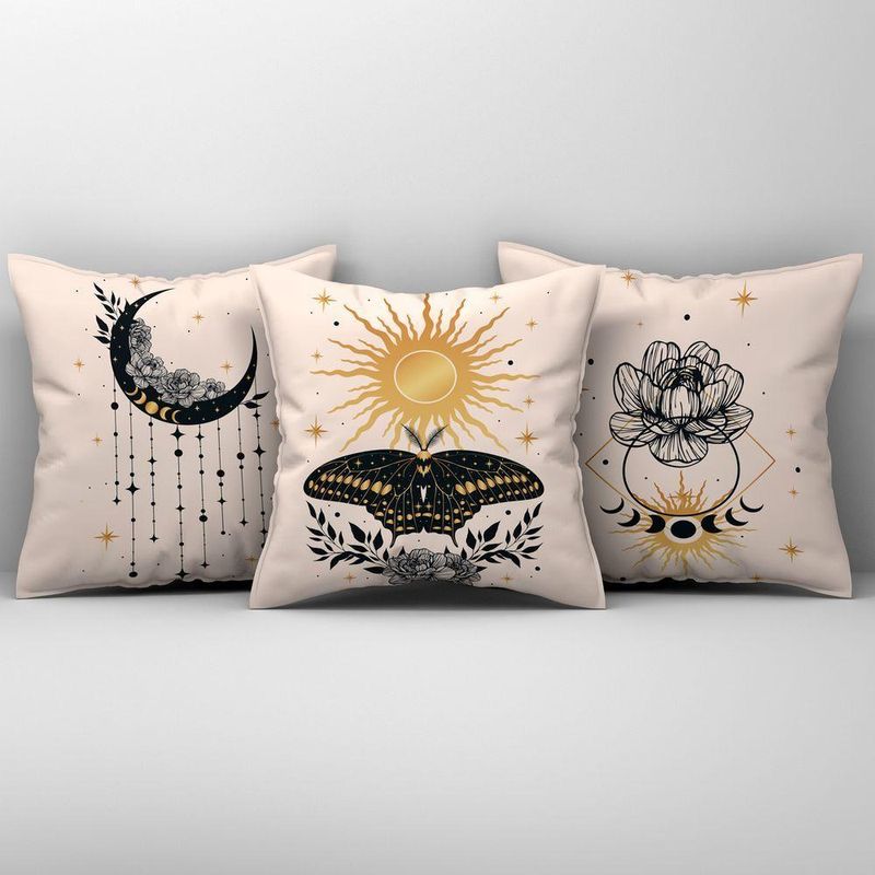 Kit Trio Capas De Almofadas Estampadas Fases Da Lua Em Veludo Suede 45cm X 45cm - Decoração Luxo Para Sala Cor Bege