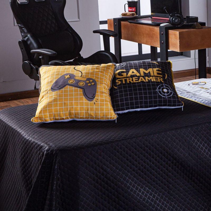 Kit Cobre Leito Colcha Solteiro Game Streamer Amarelo Dupla Face Com Almofadas Estampadas 05 Peças