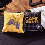 Kit Cobre Leito Colcha Solteiro Game Streamer Amarelo Dupla Face Com Almofadas Estampadas 05 Peças