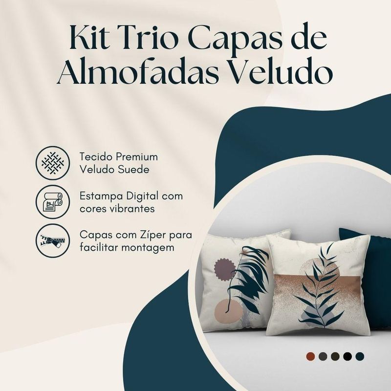 Kit Trio Capas De Almofadas Estampadas Folhas Em Veludo Suede 45cm X 45cm - Decoração Luxo Para Sala Cor Verde Escuro