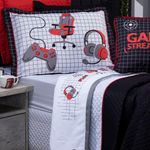 Jogo De Cama Lençol Queen Game Streamer Branco/vermelho Com Fronhas E Virol Estampados 04 Peças - Percal 200 Fios