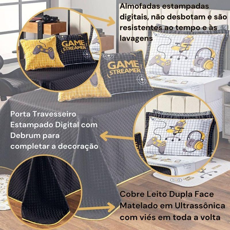 Kit Cobre Leito Colcha Queen Game Streamer Amarelo Dupla Face Com Almofadas Estampadas 07 Peças