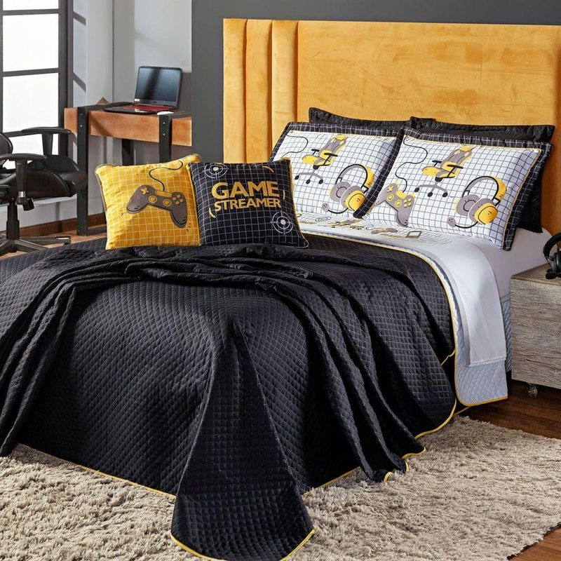 Kit Cobre Leito Colcha Queen Game Streamer Amarelo Dupla Face Com Almofadas Estampadas 07 Peças