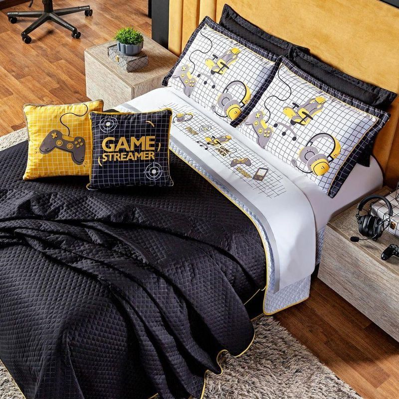 Kit Cobre Leito Colcha Queen Game Streamer Amarelo Dupla Face Com Almofadas Estampadas 07 Peças