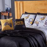 Kit Cobre Leito Colcha Queen Game Streamer Amarelo Dupla Face Com Almofadas Estampadas 07 Peças
