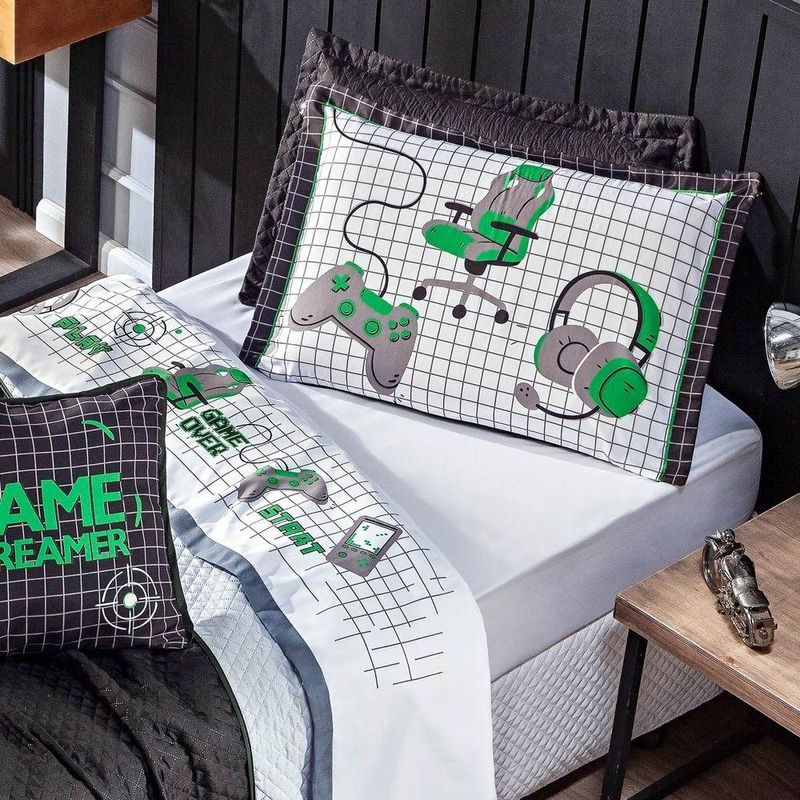 Jogo De Cama Lençol Solteiro Game Streamer Branco/verde Com Fronha E Virol Estampados 03 Peças - Percal 200 Fios