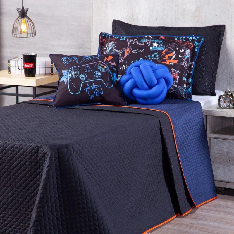 Kit Cobre Leito Colcha Queen Game Win Preto/azul Marinho Dupla Face Com Almofadas 07 Peças