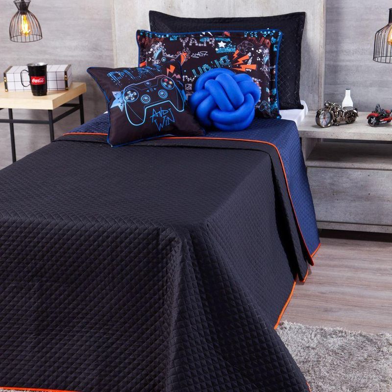 Kit Cobre Leito Colcha Queen Game Win Preto/azul Marinho Dupla Face Com Almofadas 07 Peças