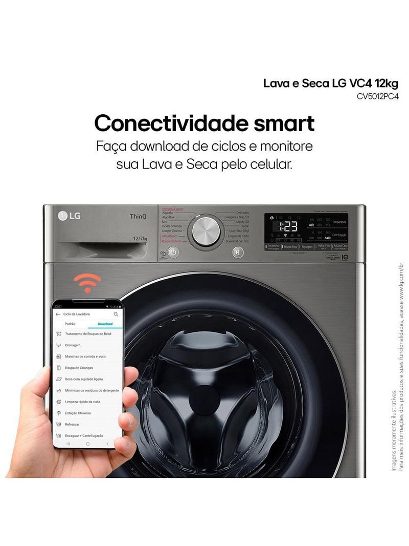 Lava e seca lg 12kg/7kg smart vc4 com inteligência artificial ai dd™ cv5012pc4 - inox