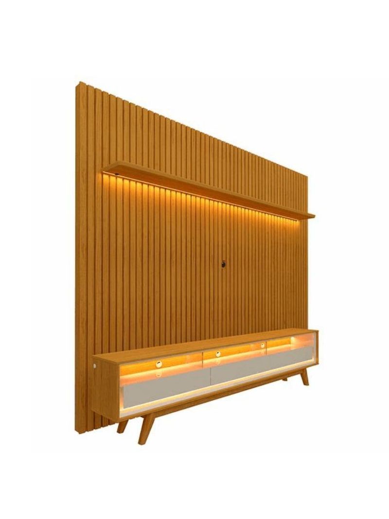 Rack Reluz 3 Gavetas Com Painel Para Tv Até 75 Polegadas Led Ripado Nobre Naturale E Off White