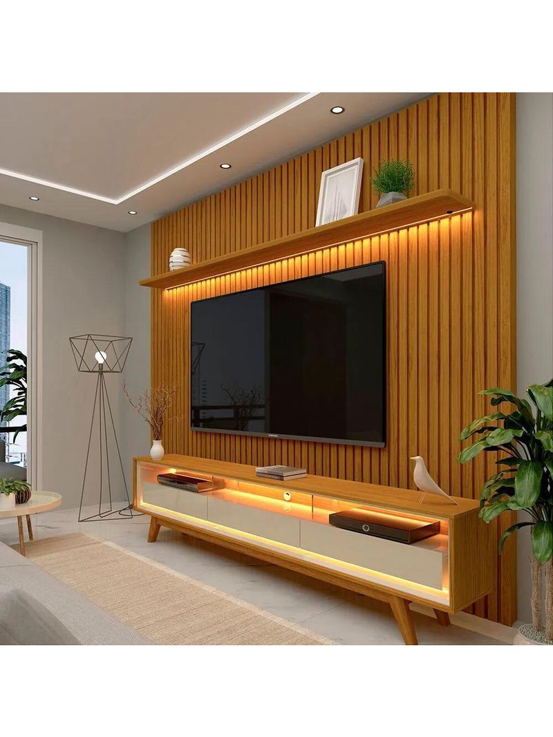Rack Reluz 3 Gavetas Com Painel Para Tv Até 75 Polegadas Led Ripado Nobre Naturale E Off White