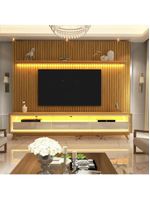 Rack Reluz 3 Gavetas Com Painel Para Tv Até 75 Polegadas Led Ripado Nobre Naturale E Off White
