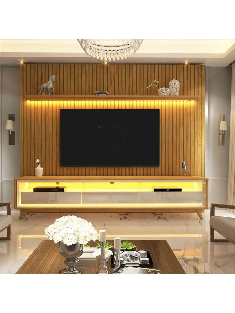 Rack Reluz 3 Gavetas Com Painel Para Tv Até 75 Polegadas Led Ripado Nobre Naturale E Off White