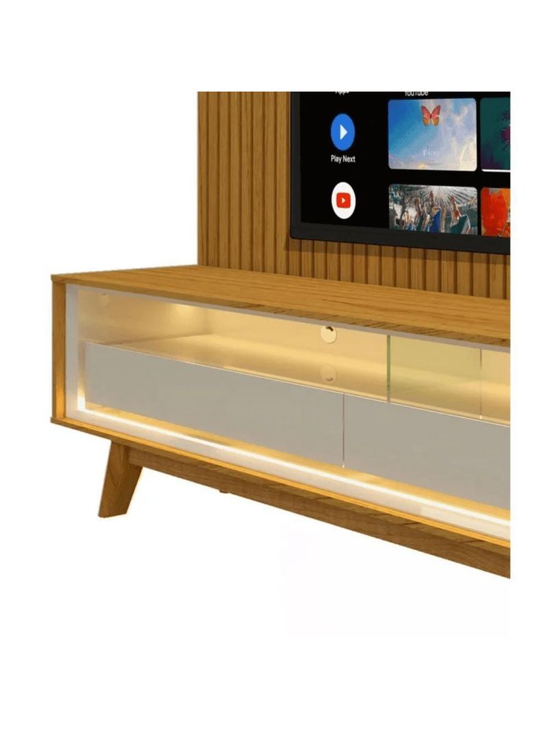Rack Reluz 3 Gavetas Com Painel Para Tv Até 75 Polegadas Led Ripado Nobre Naturale E Off White
