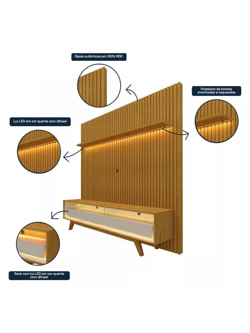 Rack Reluz 3 Gavetas Com Painel Para Tv Até 75 Polegadas Led Ripado Nobre Naturale E Off White