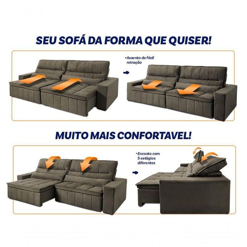 Sofá Retrátil Reclinável Supremo 2,70m Suede Velut Molas No Assento - King House
