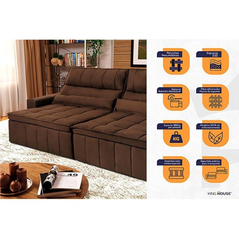 Sofá Retrátil Reclinável Supremo 2,70m Suede Velut Marrom Molas No Assento - King House
