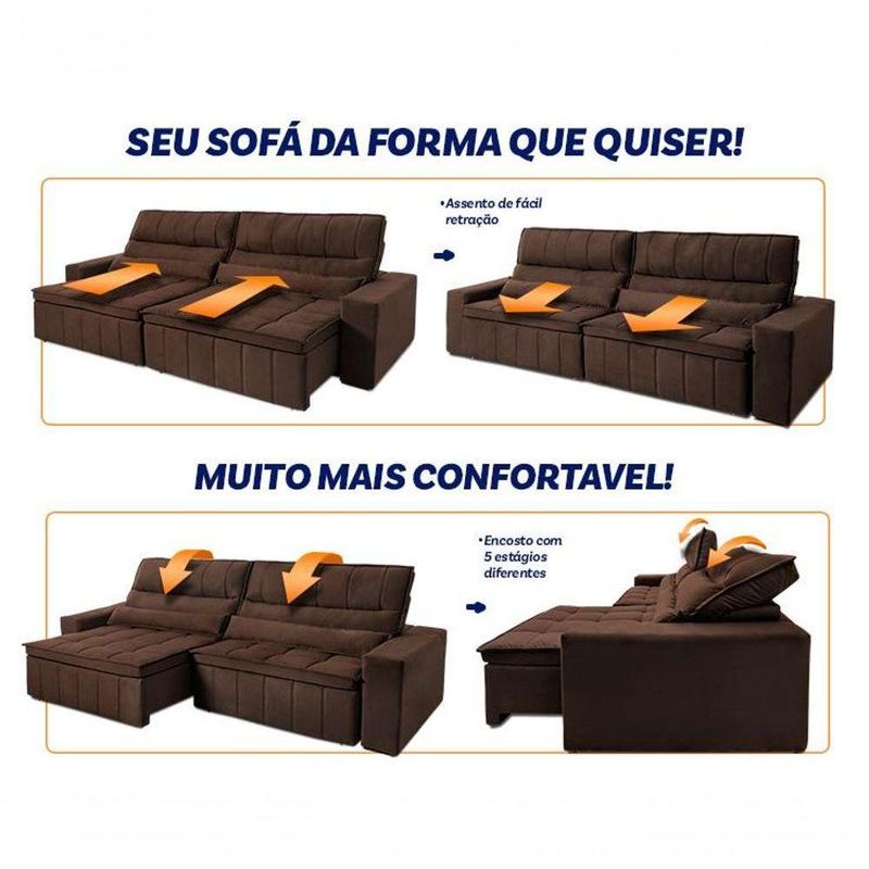 Sofá Retrátil Reclinável Supremo 2,70m Suede Velut Marrom Molas No Assento - King House