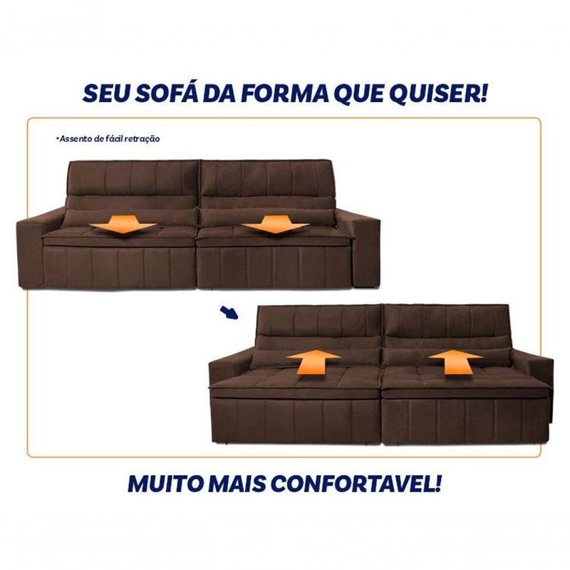 Sofá Retrátil Reclinável Supremo 2,70m Suede Velut Marrom Molas No Assento - King House