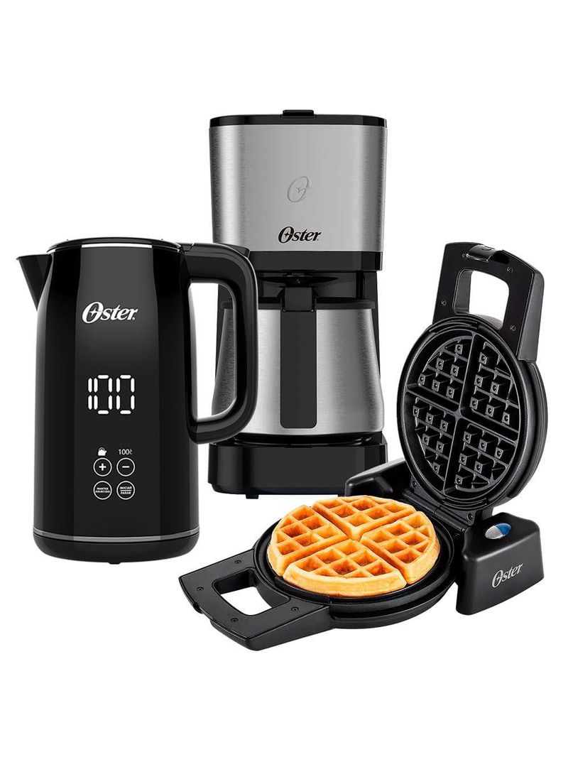 Kit Black Inox Oster - Cafeteira Chaleira Digital E Máquina De Waffle 220V