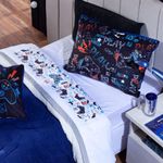 Jogo De Cama Lençol Casal Padrão Game Win Branco/azul Marinho Com Fronhas E Virol Estampados 04 Peças - Percal 200 Fios