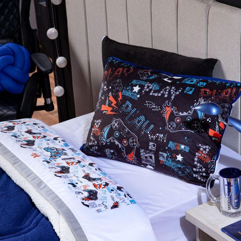 Jogo De Cama Lençol Casal Padrão Game Win Branco/azul Marinho Com Fronhas E Virol Estampados 04 Peças - Percal 200 Fios