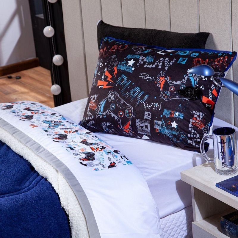 Jogo De Cama Lençol Casal Padrão Game Win Branco/azul Marinho Com Fronhas E Virol Estampados 04 Peças - Percal 200 Fios