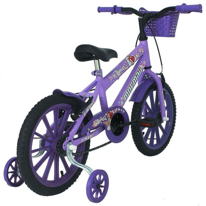 Bicicleta Sweet Girl Aro 16 V-Brake Lilás Infantil com Cesta e Rodinhas Mormaii