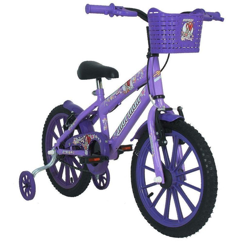Bicicleta Sweet Girl Aro 16 V-Brake Lilás Infantil com Cesta e Rodinhas Mormaii