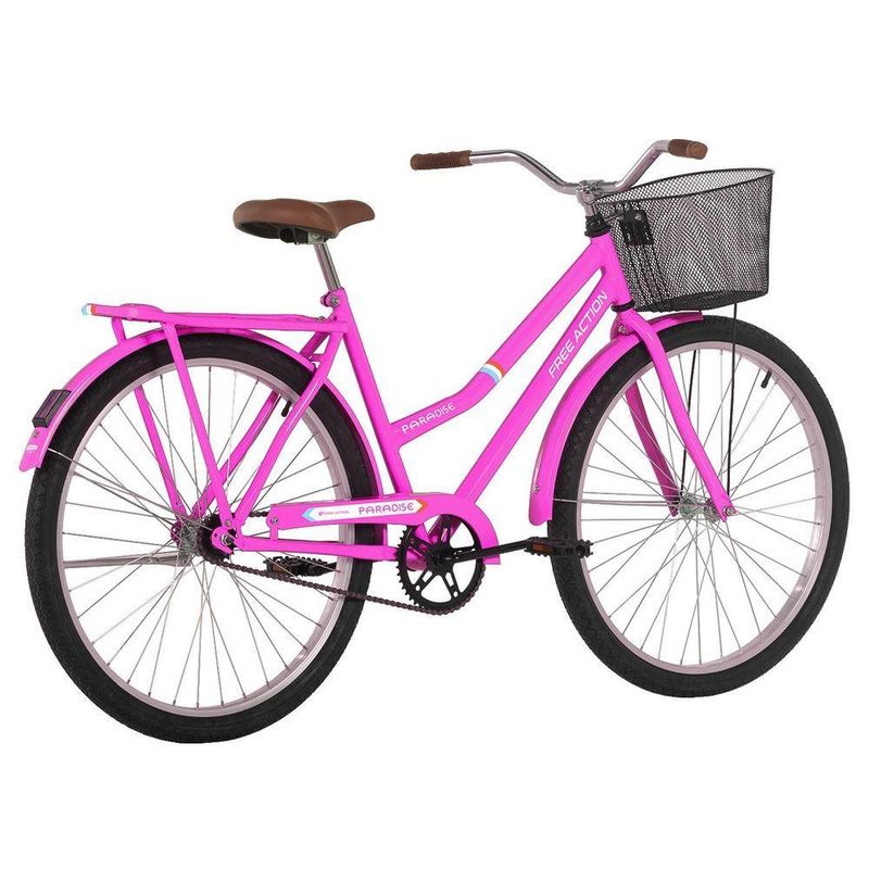 Bicicleta Paradise Urbana Aro 26 Quadro Aço 1 Velocidade Contra Pedal Rosa Chicle Free Action