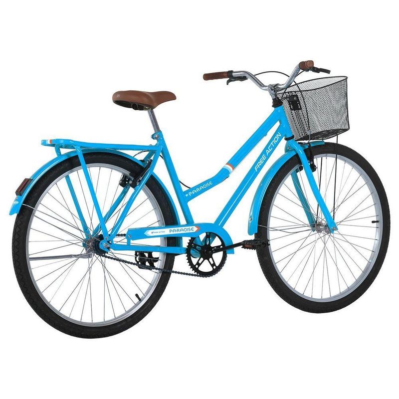 Bicicleta Paradise Urbana Aro 26 Quadro Aço 21 com Cesta e Bagageiro Free Action Azul Capri