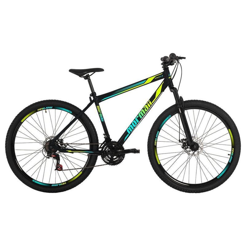 Bicicleta Mountain Bike Jaws 20 Aro 29 Quadro Aço 21 Marchas Mormaii Preto com Grafismo Verde e Azul