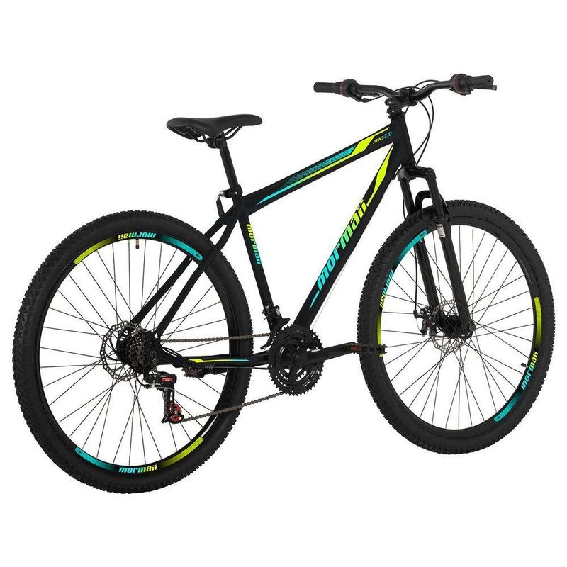 Bicicleta Mountain Bike Jaws 20 Aro 29 Quadro Aço 21 Marchas Mormaii Preto com Grafismo Verde e Azul