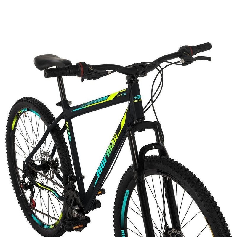 Bicicleta Mountain Bike Jaws 20 Aro 29 Quadro Aço 21 Marchas Mormaii Preto com Grafismo Verde e Azul