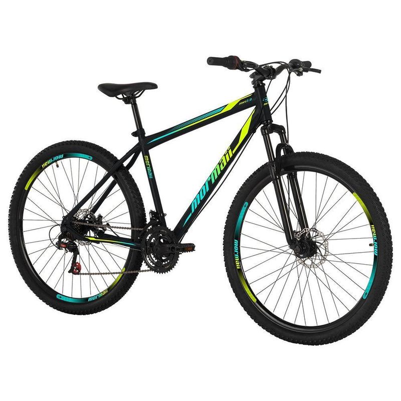 Bicicleta Mountain Bike Jaws 20 Aro 29 Quadro Aço 21 Marchas Mormaii Preto com Grafismo Verde e Azul
