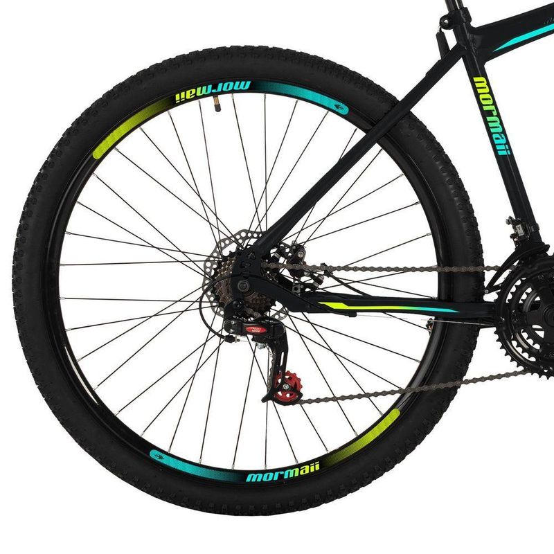 Bicicleta Mountain Bike Jaws 20 Aro 29 Quadro Aço 21 Marchas Mormaii Preto com Grafismo Verde e Azul