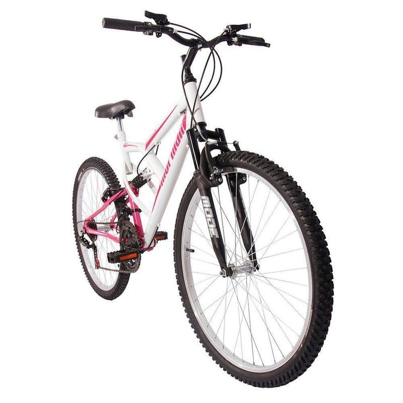 Bicicleta Fullsion Mountain Bike Aro 26 Quadro Aço 18 Marchas V-Brake Branco com Rosa Mormaii