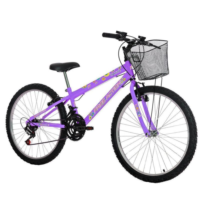 Bicicleta Donna Mountain Bike Aro 24 Quadro Aço 18 Marchas V-Brake Lilás Free Action