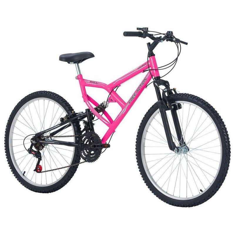 Bicicleta Mountain Bike Full FA 240 Aro 26 Quadro Aço 18 Marchas Free Action Rosa Chicle