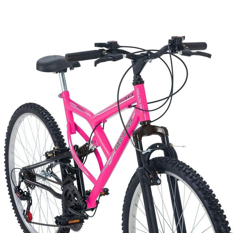 Bicicleta Mountain Bike Full FA 240 Aro 26 Quadro Aço 18 Marchas Free Action Rosa Chicle