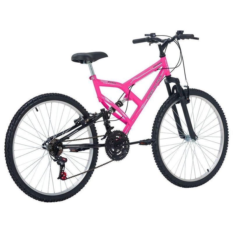 Bicicleta Mountain Bike Full FA 240 Aro 26 Quadro Aço 18 Marchas Free Action Rosa Chicle