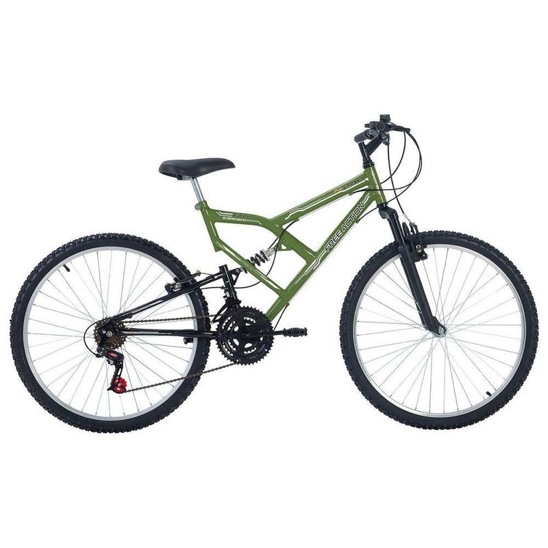 Bicicleta Full FA 240 Mountain Bike Aro 26 Quadro Aço 18 Marchas Verde Militar Free Action