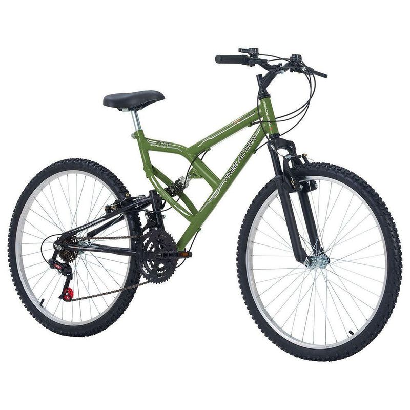 Bicicleta Full FA 240 Mountain Bike Aro 26 Quadro Aço 18 Marchas Verde Militar Free Action
