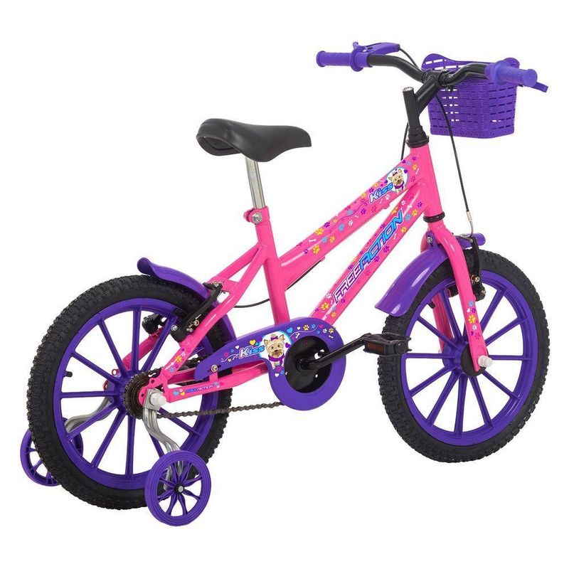 Bicicleta Infantil Aro 16 Kiss V-Brake Rosa Chicle com Cesta Frontal Free Action