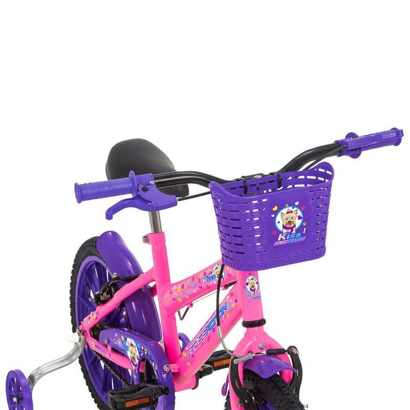 Bicicleta Infantil Aro 16 Kiss V-Brake Rosa Chicle com Cesta Frontal Free Action