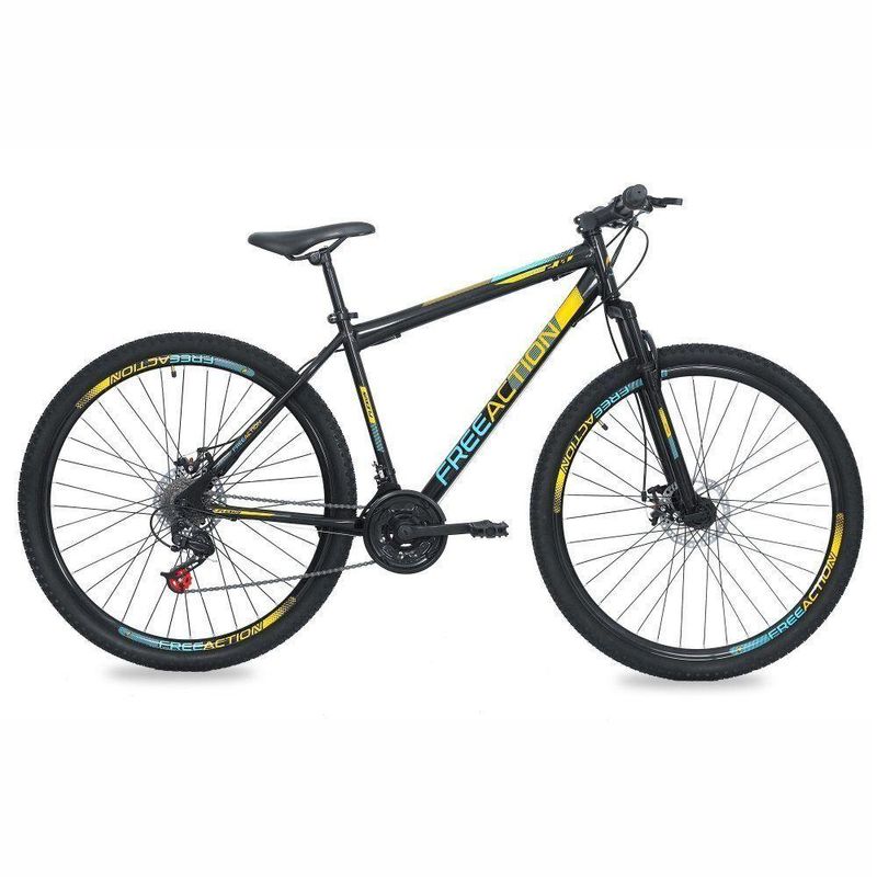Bicicleta Flexus 20 Mountain Bike Aro 29 Quadro Aço 21v Free Action Preto Com Azul/Amarelo