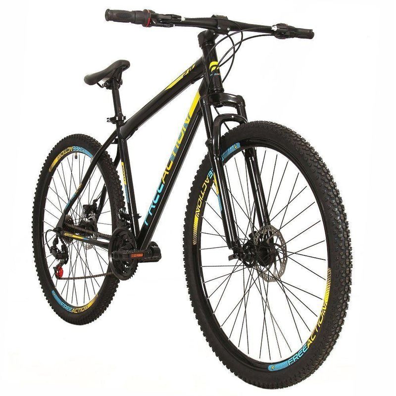 Bicicleta Flexus 20 Mountain Bike Aro 29 Quadro Aço 21v Free Action Preto Com Azul/Amarelo