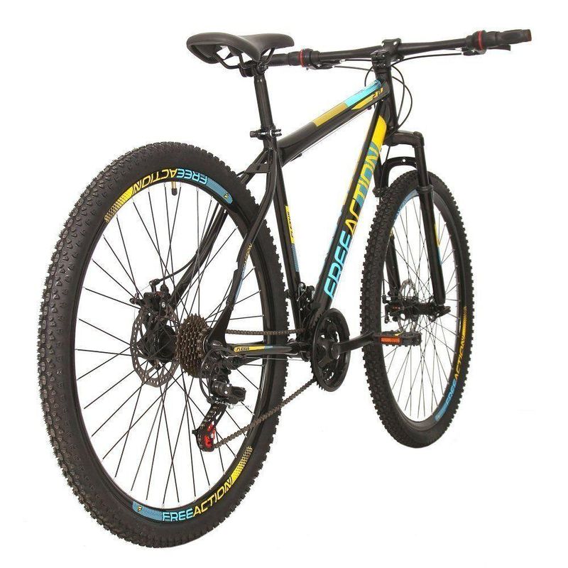 Bicicleta Flexus 20 Mountain Bike Aro 29 Quadro Aço 21v Free Action Preto Com Azul/Amarelo