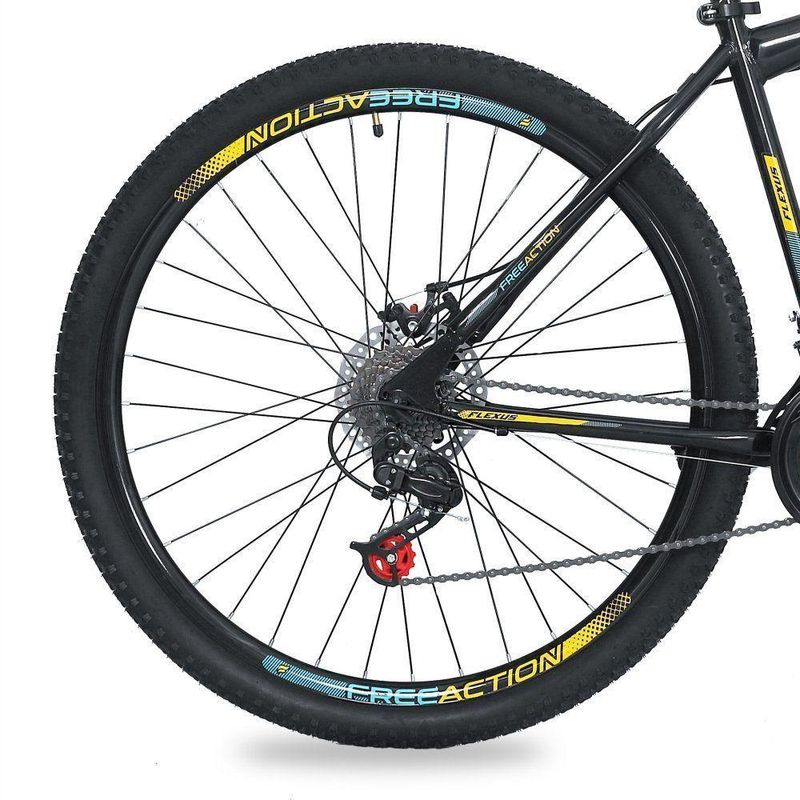 Bicicleta Flexus 20 Mountain Bike Aro 29 Quadro Aço 21v Free Action Preto Com Azul/Amarelo