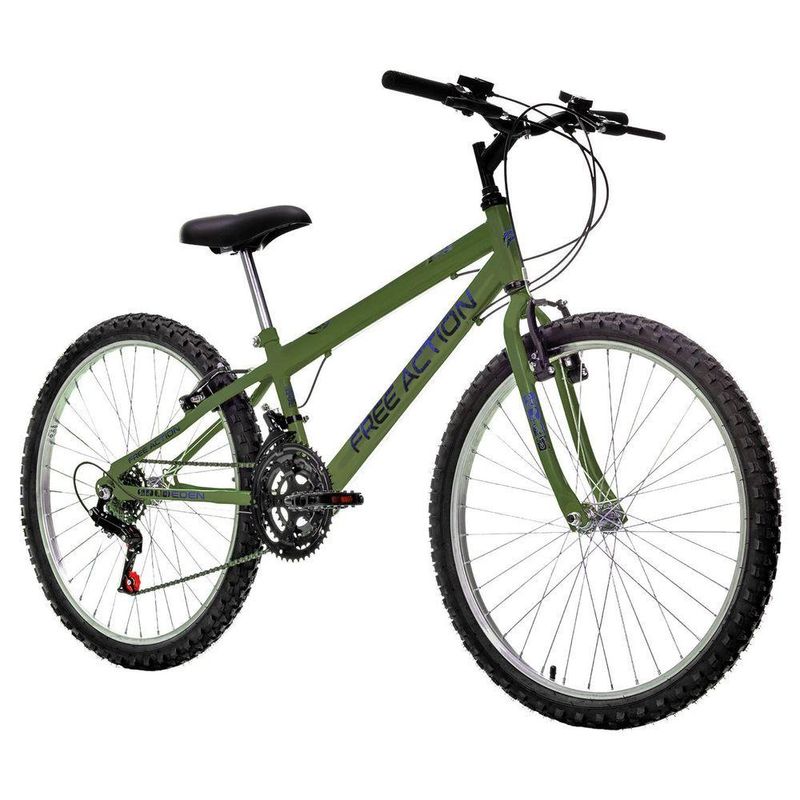 Bicicleta Eden Mountain Bike Aro 24 Quadro Aço 18 Marchas V-Brake Verde Militar Free Action